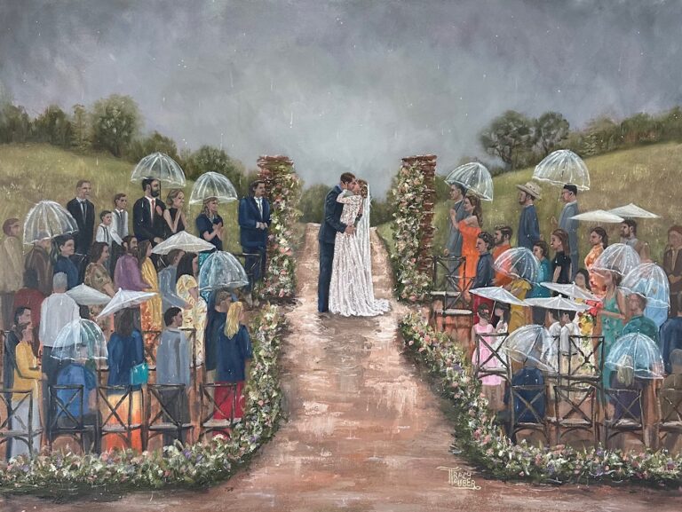 Live wedding painting of first kiss on a rainy day