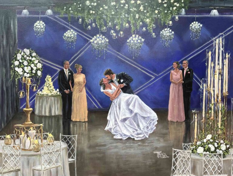 A live wedding painting of a bride and groom during their first dance doing a dip with their parents watching.