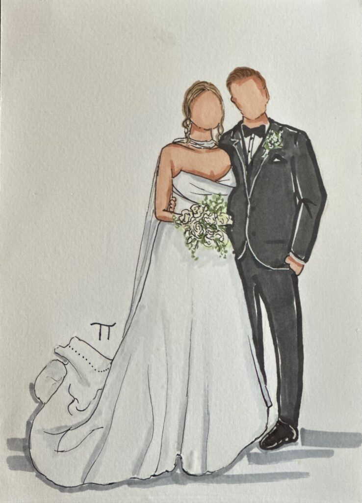 Guest portrait sketch of a Bride & Groom by Tracy Tauber