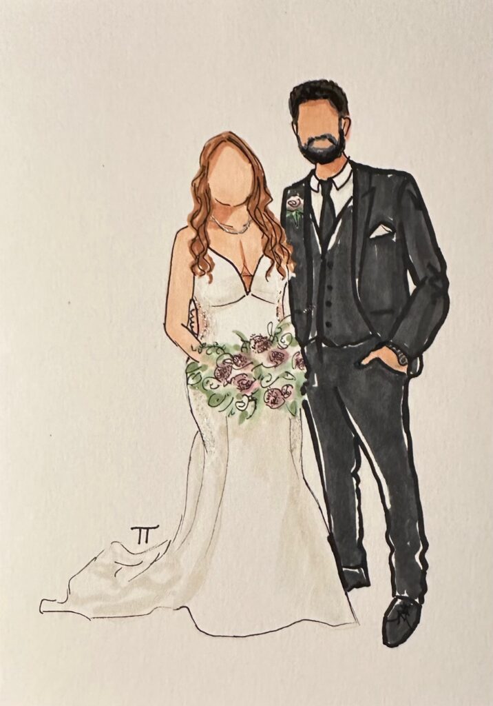 Guest portrait sketch of a Bride & Groom by Tracy Tauber