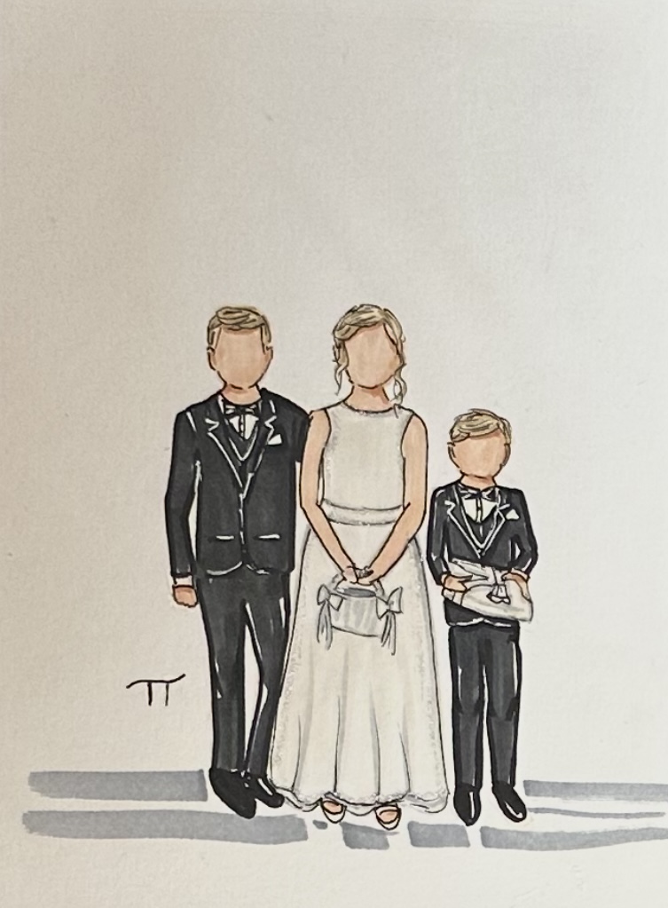 Guest portrait sketch of three children by Tracy Tauber