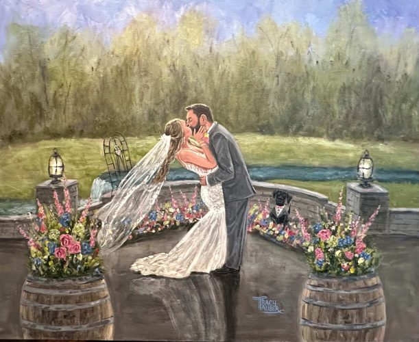 A live wedding painting of a bride and groom during their first kiss.