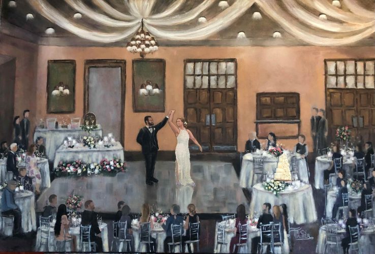 Live wedding painting of a first dance at Swan Lake Resort in Plymouth, In.