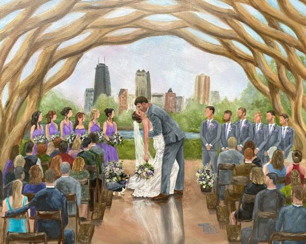 A live wedding painting of a bride and groom during their ceremony exit.