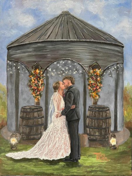 Live wedding painting of a ceremony at The Design Barn in Hebron, IN