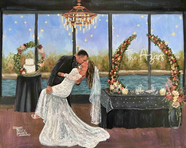 A live wedding painting of a bride and groom during their first dance.