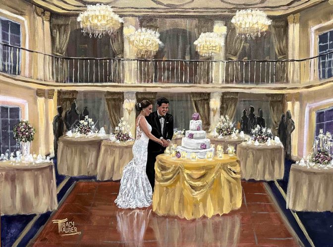 Tracy Tauber Art created this live wedding painting of the cake cutting of A. Chamberlain and M. Ormond at The Drake Hotel in Chicago, Ilinois in the summer of 2023.