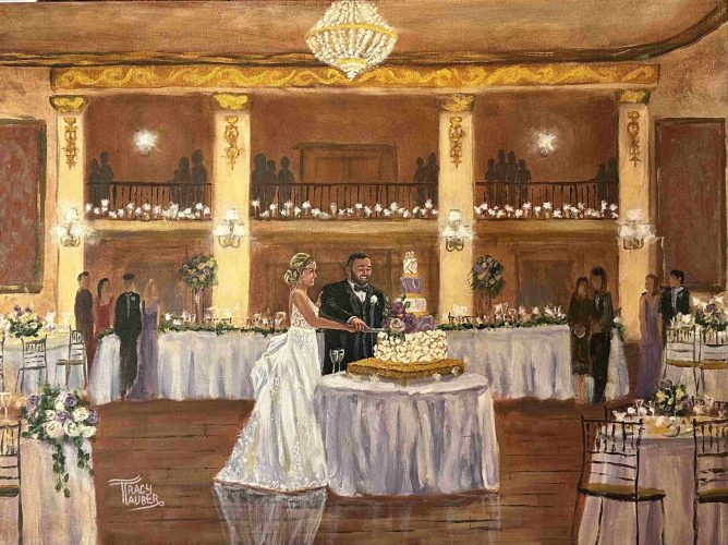 Tracy Tauber created this live wedding painting of A Balderas and S Vernier cutting their cake at The Palais Royale in South Bend Indiana in winter of 2022