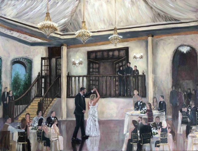 A painting of a bride and groom , with the bride twirling during their first dance.