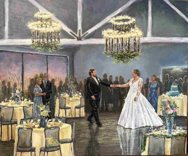 Tracy Tauber Art created this live wedding painting of the first dance of P Drendall and M Roberts at Morris Park Country Club in South Bend, Indiana, in the spring of 2023.