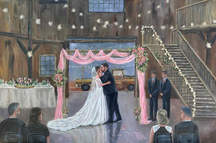 Tracy Tauber Art painted this live wedding painting during the ceremony of B Giesey and S Malone at County Line Orchard in Hobart, Indiana, in the summer of 2024.